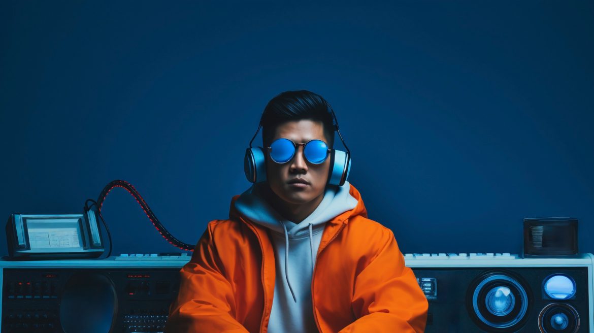 Guy with headphones in orange jacket