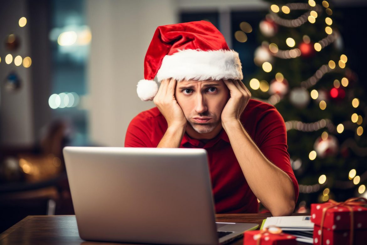 Guy in Christmas hat stressed